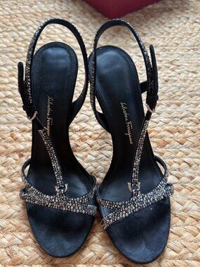 Ferragamo Suede Sandals with crystals in Box